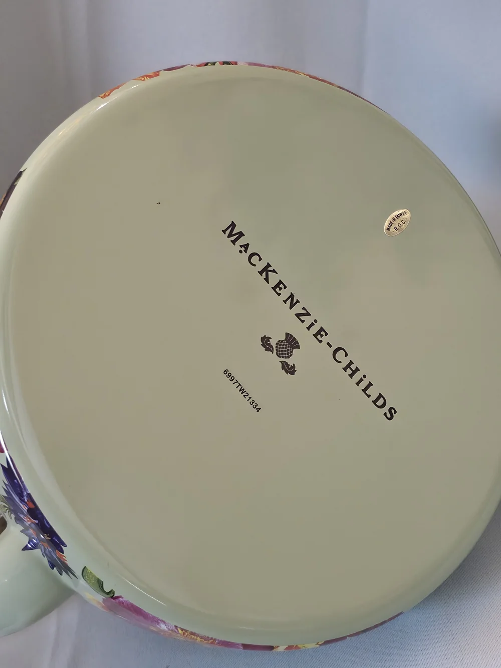 MacKenzie-Childs Sage Green Floral Enamel Tea Kettle with Pink and Yellow Blooms